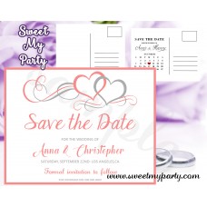 Hearts Wedding Save the Date card, Hearts coral Save Our Date postcard,(018w)